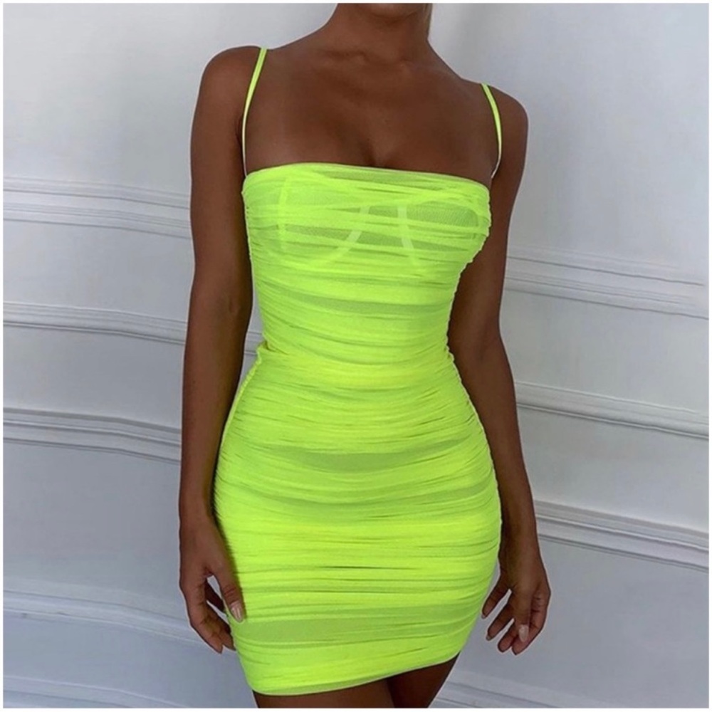 HOUSE OF CB Ella Neon Green Ruched Organza Mesh Mini Dress